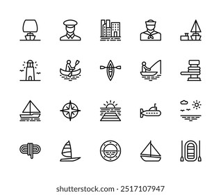 Conjunto de iconos lineales de Vector de viaje por mar. Contiene iconos como velero, crucero, viaje por mar, barco, capitán, gorra, agua, costero y más. Colección aislada del icono del crucero en el fondo blanco.