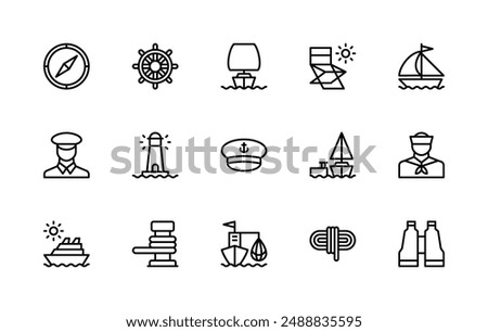 Travel by sea vector linear icons set. Isolated icon collection such as compass, steering wheel, sailboat, travel by sea, yacht, water, waves and more. Isolated icon collection of cruise related.