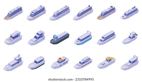 Travel by ship icons set isometric vector. Sea boat. Ferry yacht