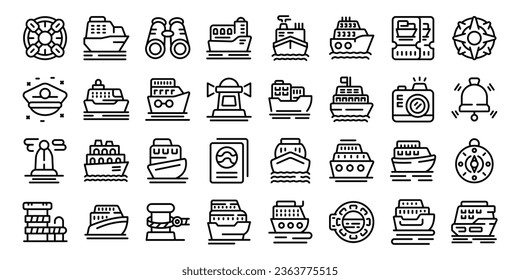 Travel by ship icons set outline vector. Sea boat. Ferry cruise