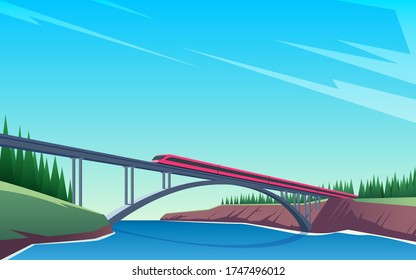 Travel by train banner. Train rides over the bridge. The bridge across the river. Vector illustration