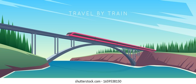 Travel by train concept. Train rides over the bridge. The bridge across the river. Vector illustration