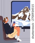 Travel by train with mountain window view. Calm railway trip, journey. Woman tourist reading book, listening to music. Traveler, passenger during cozy adventure, card. Flat vector illustration.
