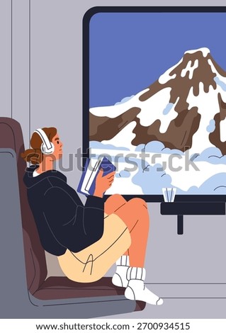 Travel by train with mountain window view. Calm railway trip, journey. Woman tourist reading book, listening to music. Traveler, passenger during cozy adventure, card. Flat vector illustration.