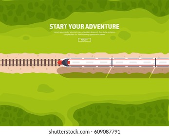 Travel by train. Railway station.Summer vacation. Traveling. Road. Green background