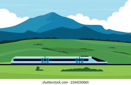 Travel by train, steam locomotive, vacation, mountain landscape, railway, adventure. Vector illustration