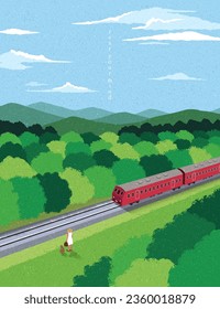 Viaje en tren, locomotora de vapor, vacaciones, paisaje de montaña, estación de tren, aventura. Temporada de verano de primavera. Un entorno natural de días soleados. Estilo acuarela. Ilustración del vector de diseño dibujado a mano.