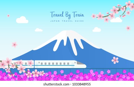 Travel By Train vector illustration, Railway with Fuji mountain, Pink moss field and Cherry blossom branch. Travel Japan concept