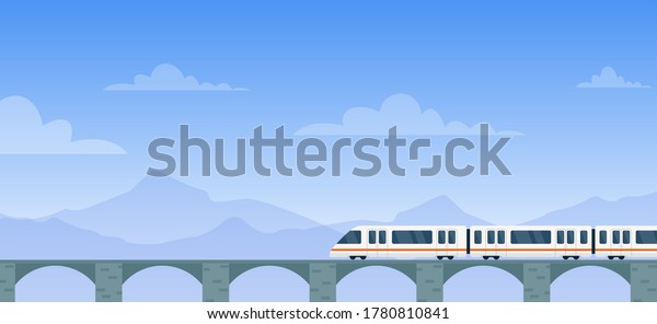 Travel by train vector illustration. Cartoon\
flat modern electric express train with travelers traveling by rail\
road on railway bridge to next station. Mountain landscape\
adventure background