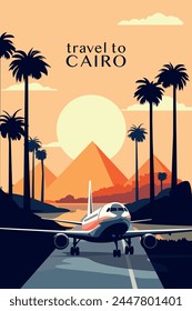 Travel to Cairo, Pyramid complex retro city poster with abstract shapes of skyline, buildings, airport plane. Vintage Egypt travel, retro vector illustration