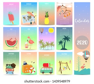 Travel calendar 2020 with watermelon,pineapple for children.Can be used for printable graphic 