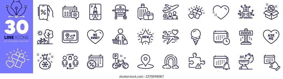 Travel calendar, Bike and Discounts app line icons pack. Attraction, Bicycle, Buying process web icon. Sale, Gps, Heart pictogram. Gas grill, Buyer, Crane claw machine. Love gift, Pin. Vector