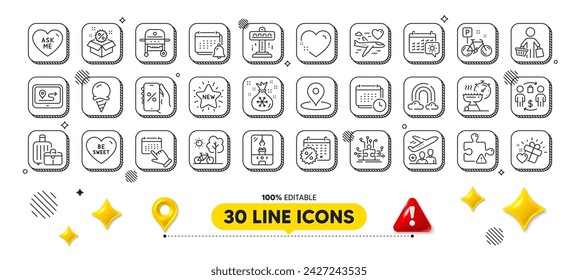 Calendario de viaje, Bicicleta y Descuentos app line iconos pack. elementos de diseño 3d. Atracción, Bicicleta, Icono web del proceso de compra. Rebajas, Gps, Pictograma del corazón. Parrilla de gas, comprador, máquina de garra de grúa. Vector