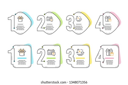 Travel calendar, Hat-trick and Travel sea icons simple set. Surprise package sign. Trip planning, Magic hat, Summer holidays. Present boxes. Holidays set. Infographic timeline. Vector
