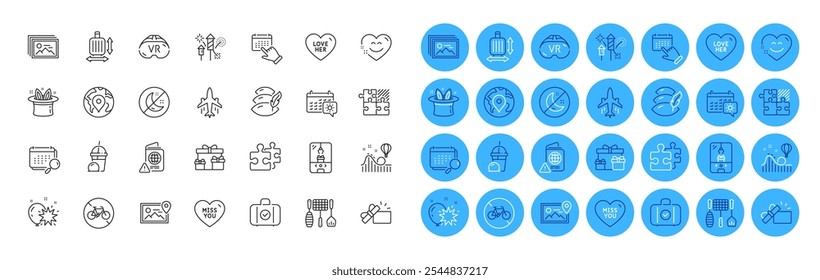 Travel calendar, Image gallery and Surprise boxes line icons pack. Pin, Hat-trick, Fireworks rocket web icon. Puzzle, Miss you, Photo location pictogram. Love her, Bicycle prohibited. Vector