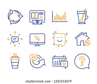 Travel calendar, Sms and Tea mug icons simple set. Recycle, Takeaway and Bitcoin atm signs. 24 hours, Internet and Line graph symbols. Loan house, Smile and Question mark. Line travel calendar icon