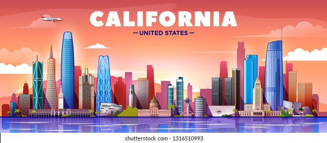 Travel to California panorama background. Vector illustration.