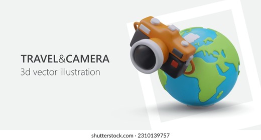 Travel with camera. Guide to best locations in world. Tips for right staging photo. Print vacation photos. Vector concept with 3D camera, globe, place for advertising text