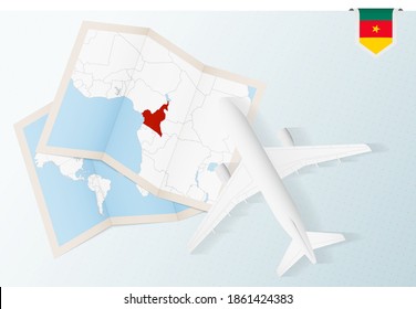 Travel to Cameroon, top view airplane with map and flag of Cameroon. Travel and tourism banner design.