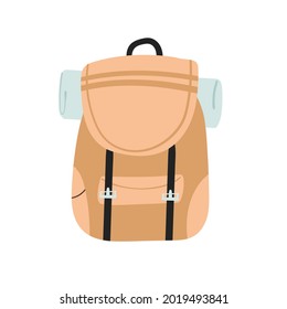 Travel camp backpack, tourist rucksack equipment vector illustration. Cartoon camper traveler gear for tourism, hiking and outdoor summer adventure isolated on white