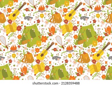 Travel Camp Seamless Vector Pattern. Bright Childrens Texture With Hiking. Wallpaper With Tent And Floral Pattern On White Backdrop. Background With Ditsy Flowers And Summer Active Rest