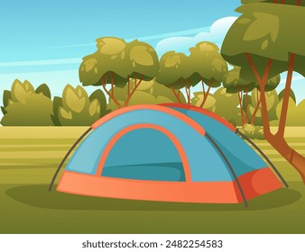 Travel camp with tent. Blue sky and forest on scenery landscape background. Vector illustration