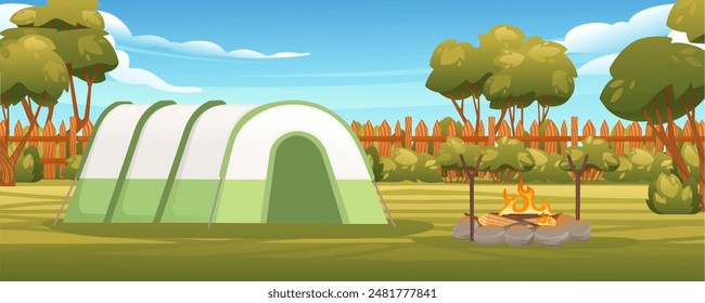 Travel camp with tent and bonfire. Blue sky and forest on scenery landscape background. Vector illustration