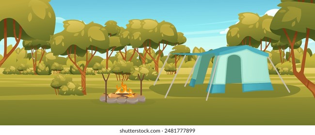 Travel camp with tent and bonfire. Blue sky and forest on scenery landscape background. Vector illustration