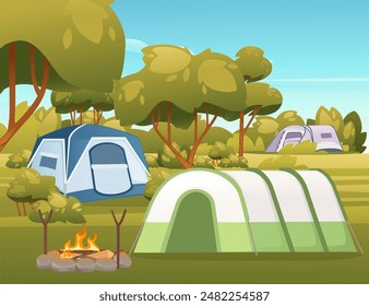Travel camp with tent and bonfire. Blue sky and forest on scenery landscape background. Vector illustration