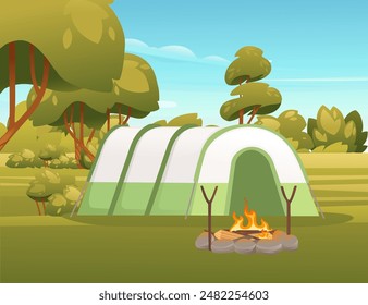 Travel camp with tent and bonfire. Blue sky and forest on scenery landscape background. Vector illustration