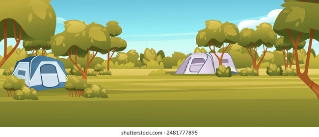 Travel camp with tents. Blue sky and forest on scenery landscape background. Vector illustration