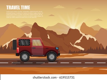 Travel camper outdoor with mountains colorful vector flat banners trailer and tourism banner set.