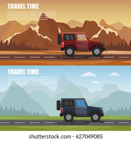 Travel camper outdoor with mountains colorful vector flat banners trailer and tourism banner set.