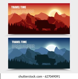 Travel camper outdoor with mountains colorful vector flat banners trailer and tourism banner set.