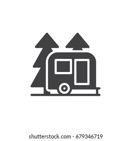 Travel camper trailer in forest icon vector, filled flat sign, solid pictogram isolated on white. Camping symbol, logo illustration. Pixel perfect graphics