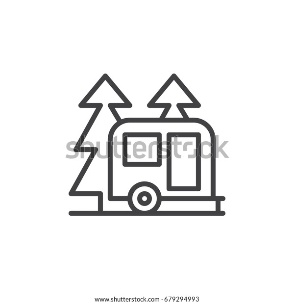 Travel camper trailer in forest line icon,\
outline vector sign, linear style pictogram isolated on white.\
Camping symbol, logo illustration. Editable stroke. Pixel perfect\
graphics