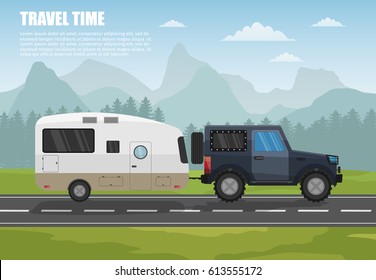 Travel camper trailer outdoor with mountains colorful vector flat banners and tourism banner set.