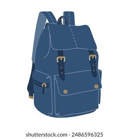 Travel and camping backpack. Blue touristic haversack for hiking. Hand drawn vector illustration isolated on white background. Modern flat cartoon style.