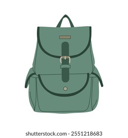 Mochila de viagem e acampamento. Verde turístico haversack para caminhadas. Ilustração de vetor desenhada à mão isolada em fundo branco. Estilo de desenho animado plano moderno.