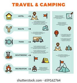 Travel and camping colorful infographic with line icons. Adventure and camp tourism, vector illustration