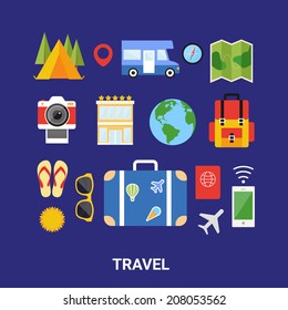 Travel and camping flat icons, vector illustration 