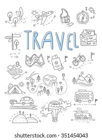 Travel, camping icons in Doodle style great set vector illustration