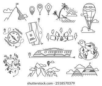 Iconos de la línea de camping de viaje. Conjunto de iconos de ocio de arte de línea monocromática de Vector