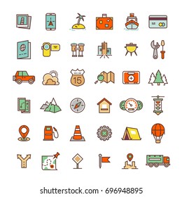 Travel, camping, location flat icons collection. Luggage and navigation, baggage and location map illustration
