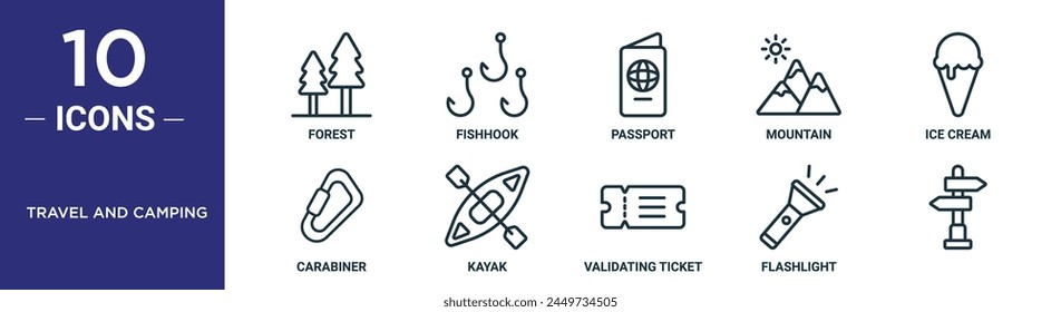 travel and camping outline icon set includes thin line forest, fishhook, passport, mountain, ice cream, carabiner, kayak icons for report, presentation, diagram, web design