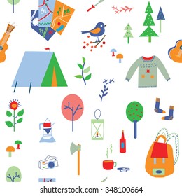 Travel and camping seamless pattern with many icons - vector illustration