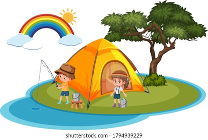Travel camping summer on island beach theme isolated on white background illustration