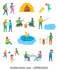 Travel, camping and tourists, outdoor activity vector. Tent and map, boy with dog, backpackers and fishing, boat and campfire, children with ball, lunch