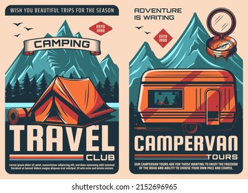 Travel camping and van retro posters, outdoor tourism with camper trailer. Mountaineering or hiking travel club and adventure expedition to mountains or forest lake camp with caravan van or RV truck