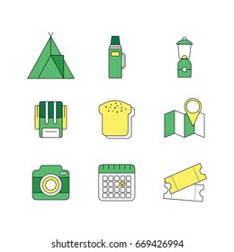 Travel and camping vector line icons. Modern flat line icons design. Each one is isolated for easy use.